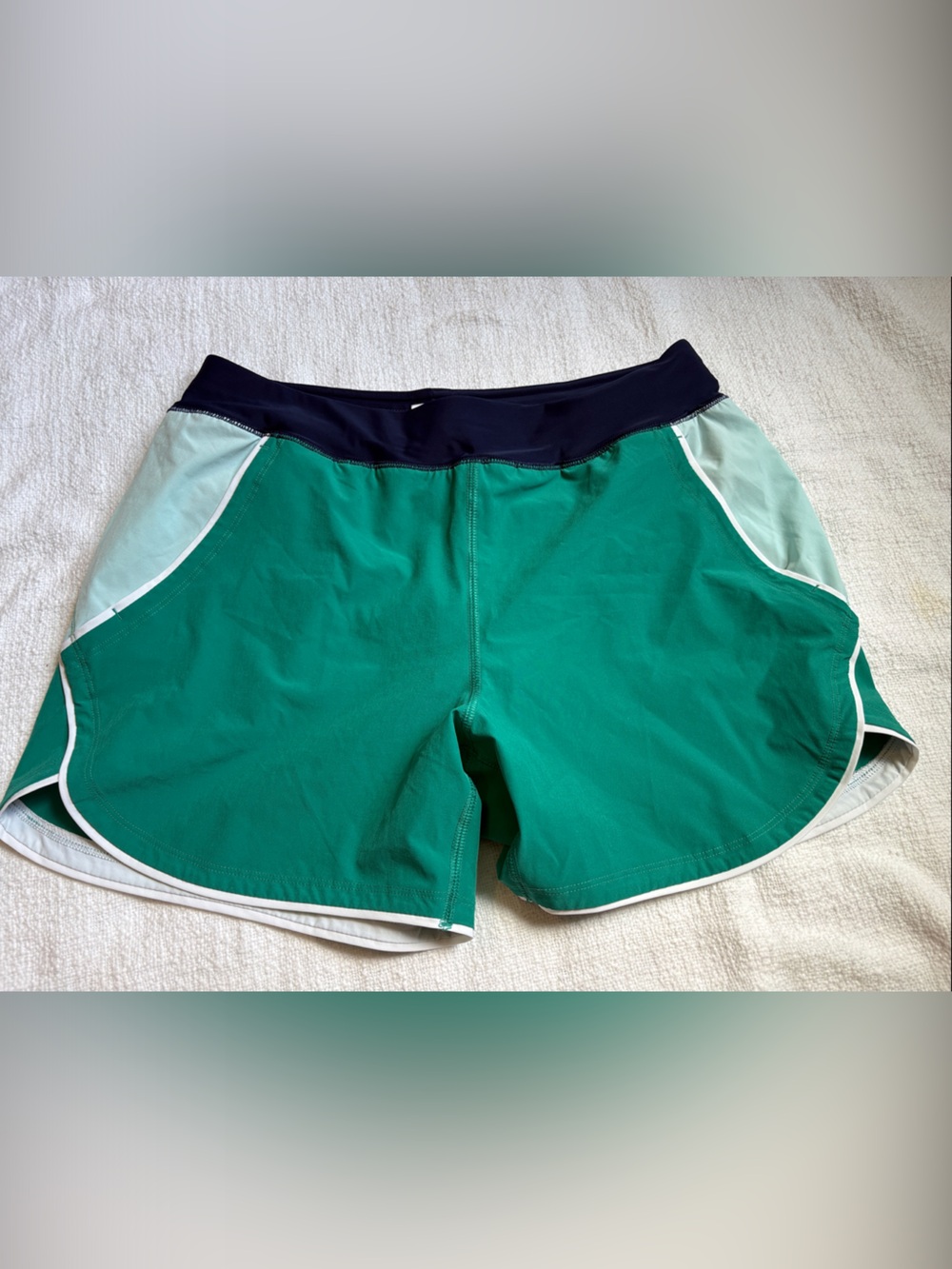 Lands' End Green Athletic Swim Shorts with Navy Waistband and White Trim